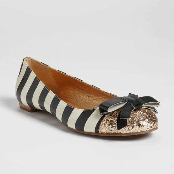 kate spade Shoes - Kate Spade New York Trixie Gold Glitter Toe Black Striped Ballet Flat Shoes